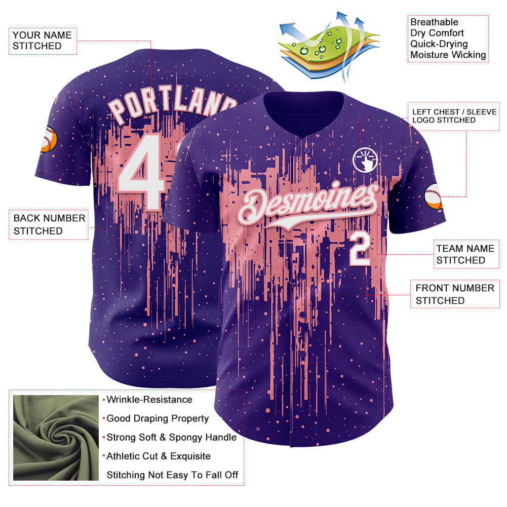 Custom Purple White-Medium Pink Dripping Splatter Paint Authentic Baseball Jersey baseball jersey product view 3