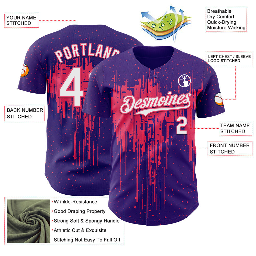Custom Purple White-Neon Pink Dripping Splatter Paint Authentic Baseball Jersey baseball jersey product view 3