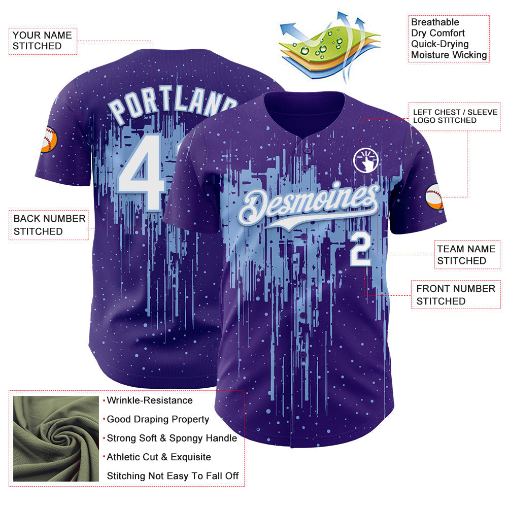 Custom Purple White-Light Blue Dripping Splatter Paint Authentic Baseball Jersey baseball jersey product view 3