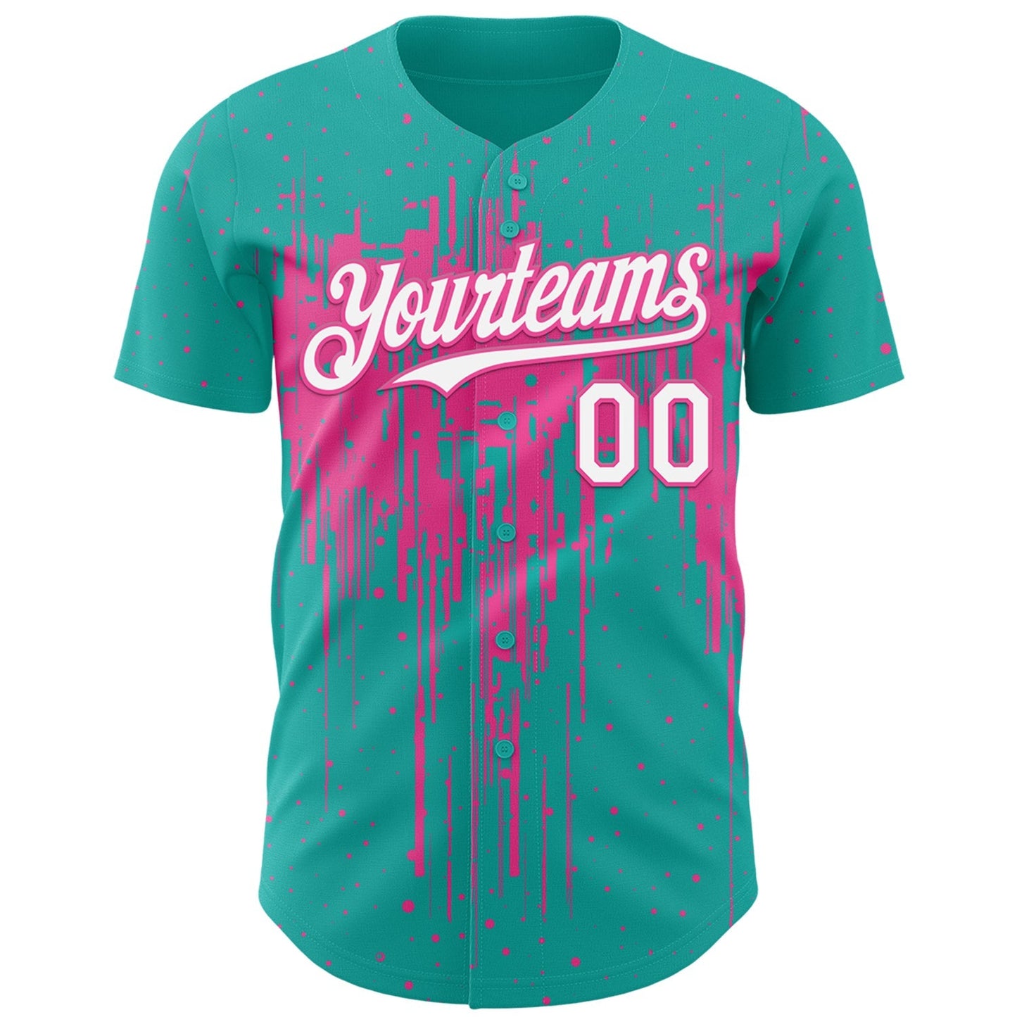 Custom Aqua White-Pink Dripping Splatter Paint Authentic Baseball Jersey baseball jersey product view 2