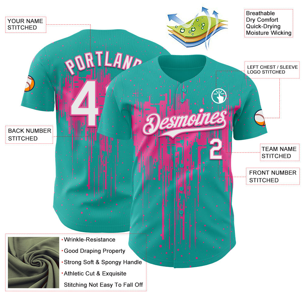 Custom Aqua White-Pink Dripping Splatter Paint Authentic Baseball Jersey baseball jersey product view 3