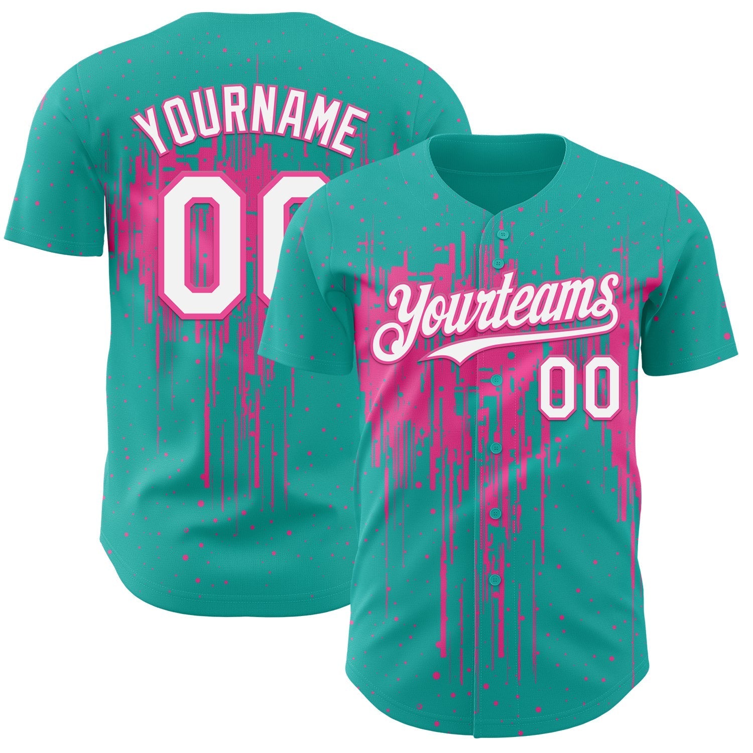 Custom Aqua White-Pink Dripping Splatter Paint Authentic Baseball Jersey baseball jersey product view 1