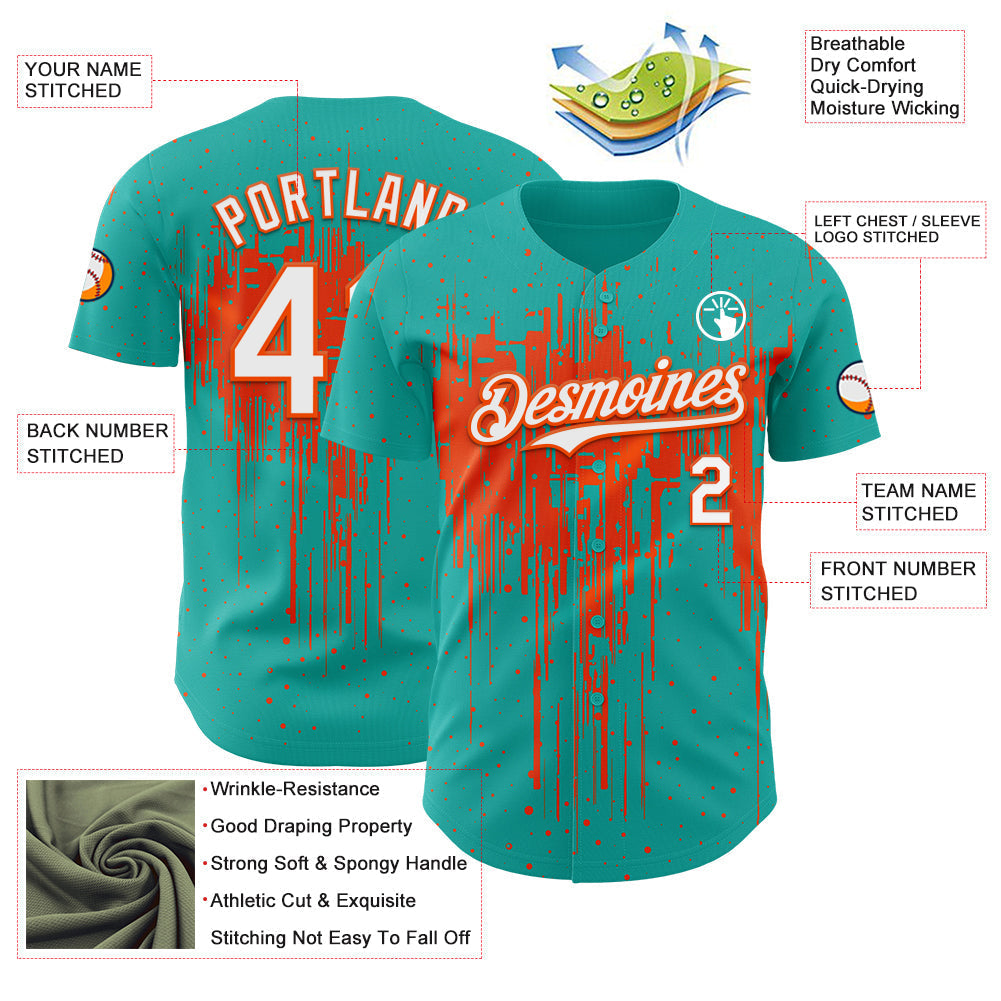 Custom Aqua White-Orange Dripping Splatter Paint Authentic Baseball Jersey baseball jersey product view 3