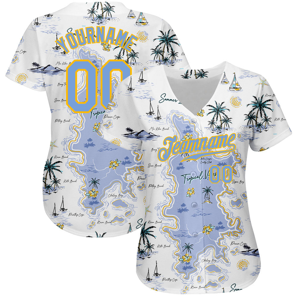 Custom White Light Blue-Yellow 3D Pattern Design Beach Hawaii Palm Trees And Island Authentic Baseball Jersey baseball jersey product view 2