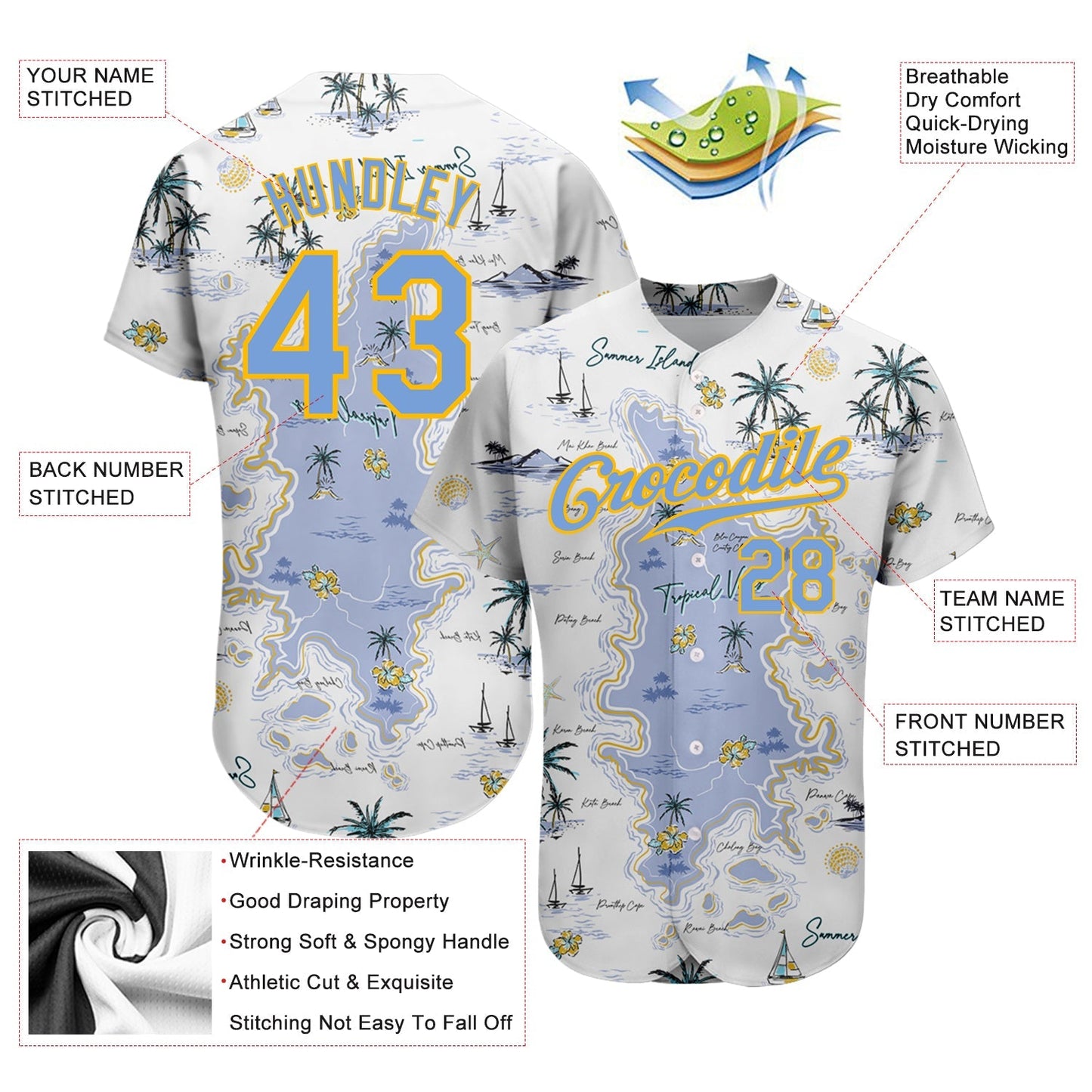 Custom White Light Blue-Yellow 3D Pattern Design Beach Hawaii Palm Trees And Island Authentic Baseball Jersey baseball jersey product view 3