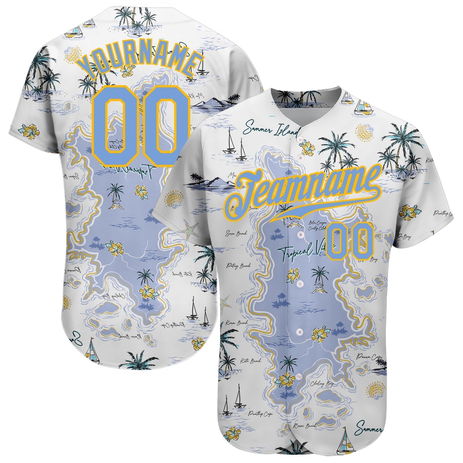 Custom White Light Blue-Yellow 3D Pattern Design Beach Hawaii Palm Trees And Island Authentic Baseball Jersey baseball jersey product view 1