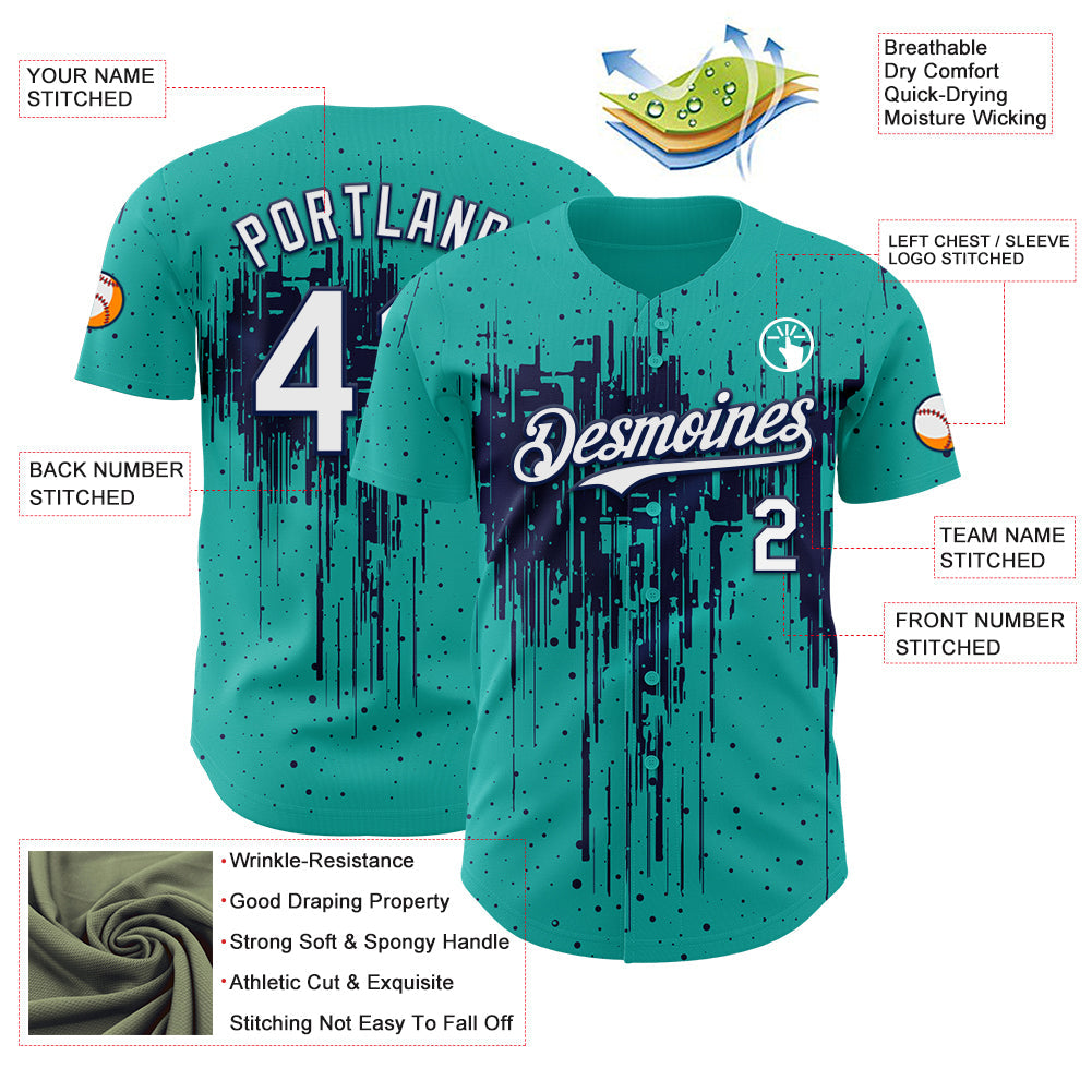 Custom Aqua White-Navy Dripping Splatter Paint Authentic Baseball Jersey baseball jersey product view 3