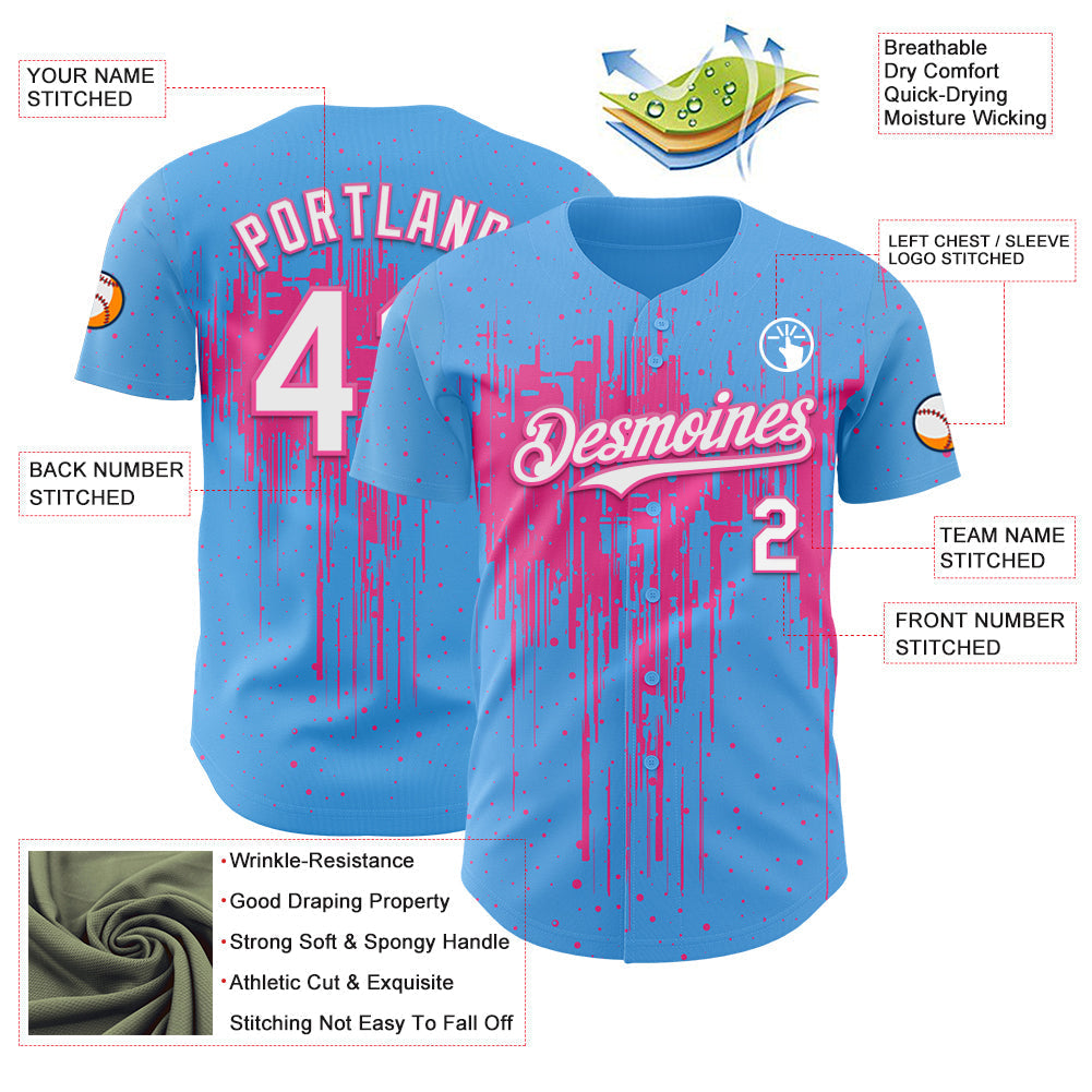 Custom Sky Blue White-Pink Dripping Splatter Paint Authentic Baseball Jersey baseball jersey product view 3