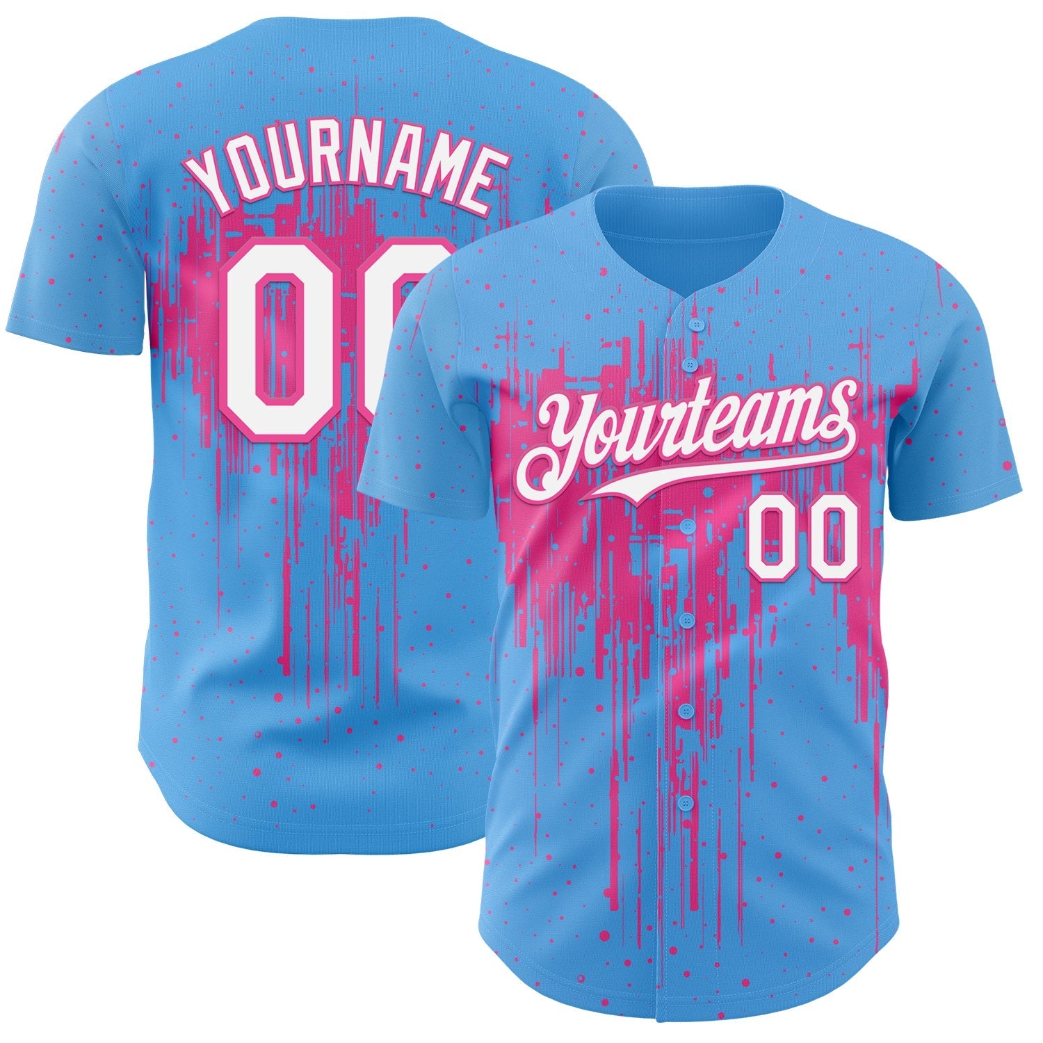 Custom Sky Blue White-Pink Dripping Splatter Paint Authentic Baseball Jersey baseball jersey product view 1
