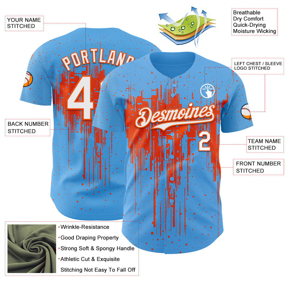 Custom Sky Blue White-Orange Dripping Splatter Paint Authentic Baseball Jersey baseball jersey product view 3