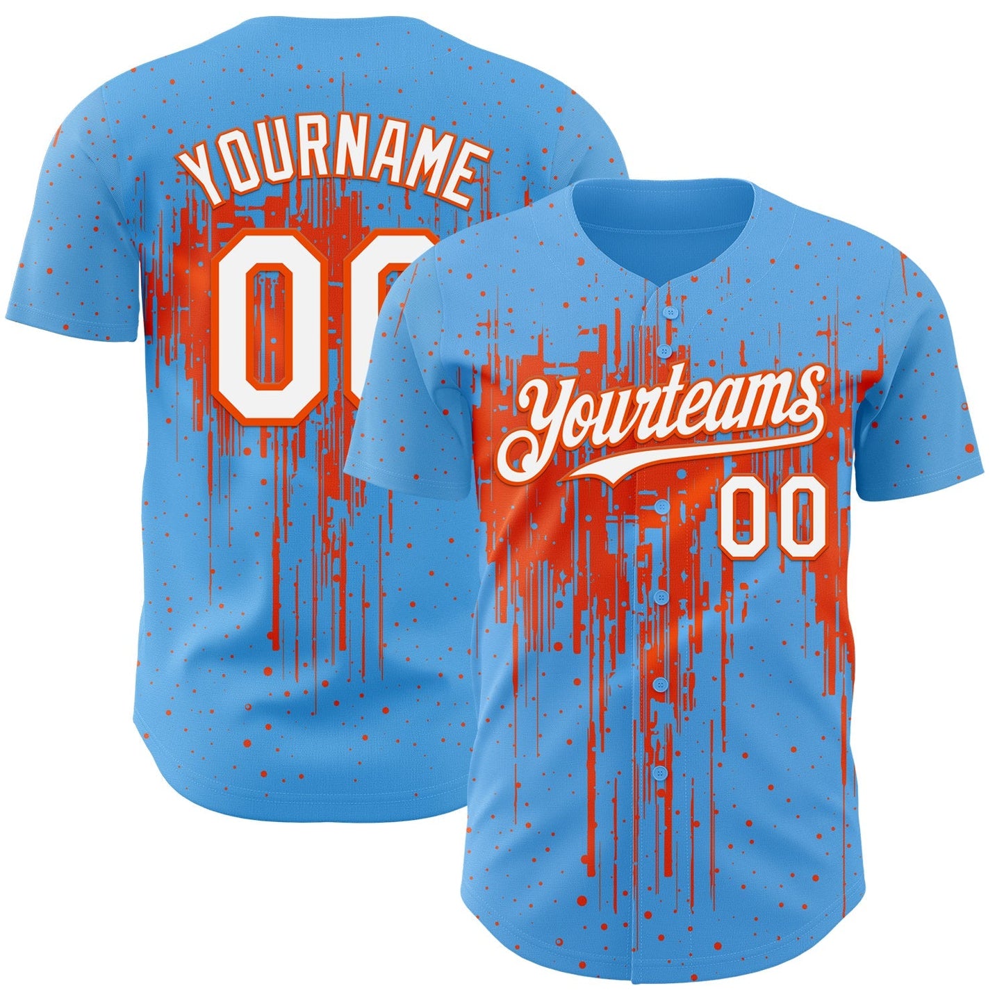 Custom Sky Blue White-Orange Dripping Splatter Paint Authentic Baseball Jersey baseball jersey product view 1