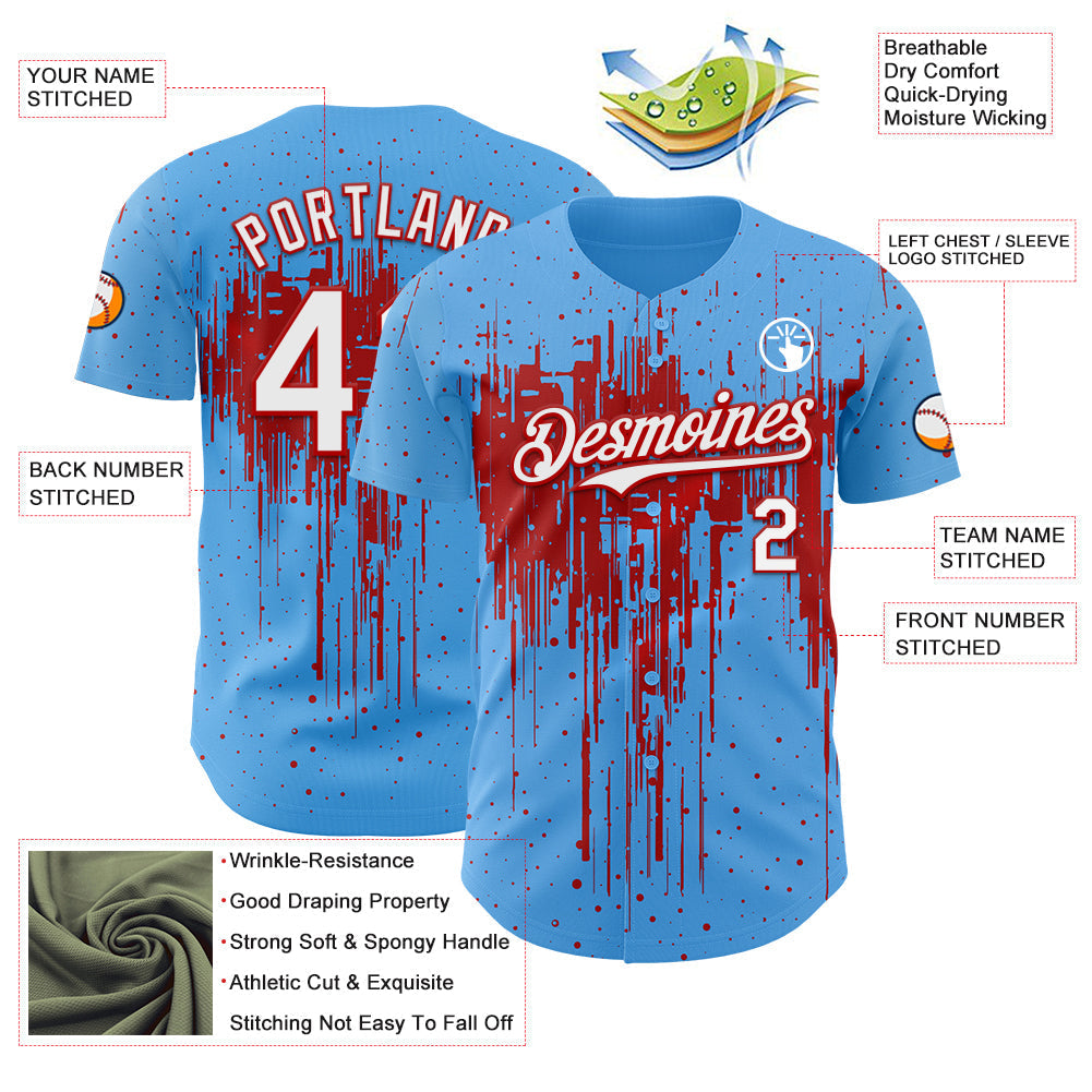 Custom Sky Blue White-Red Dripping Splatter Paint Authentic Baseball Jersey baseball jersey product view 3