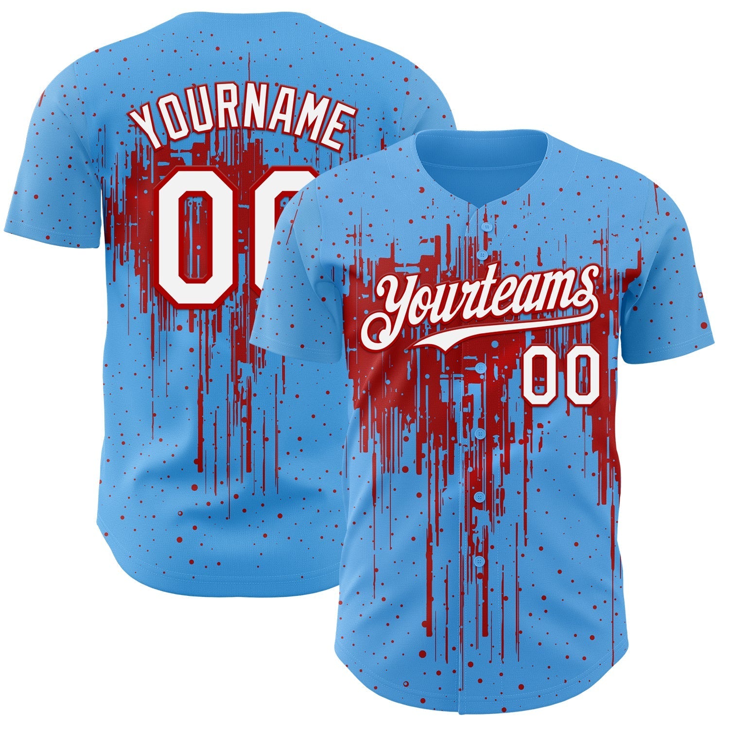 Custom Sky Blue White-Red Dripping Splatter Paint Authentic Baseball Jersey baseball jersey product view 1