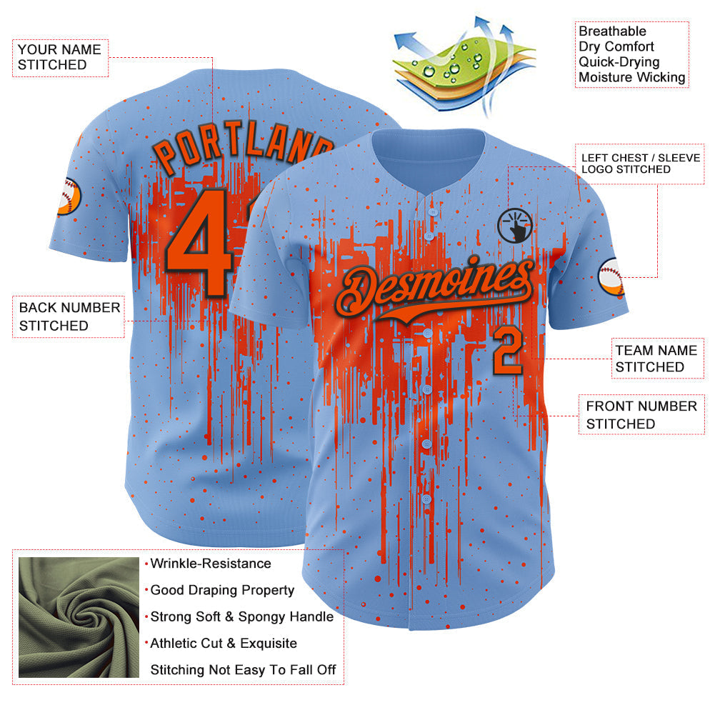 Custom Light Blue Orange-Black Dripping Splatter Paint Authentic Baseball Jersey baseball jersey product view 3