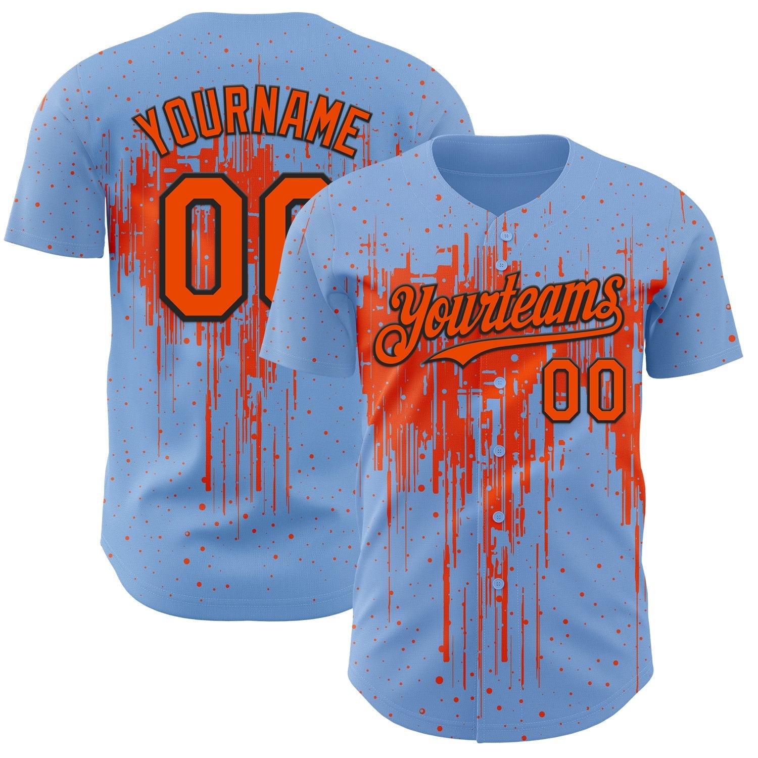 Custom Light Blue Orange-Black Dripping Splatter Paint Authentic Baseball Jersey baseball jersey product view 1