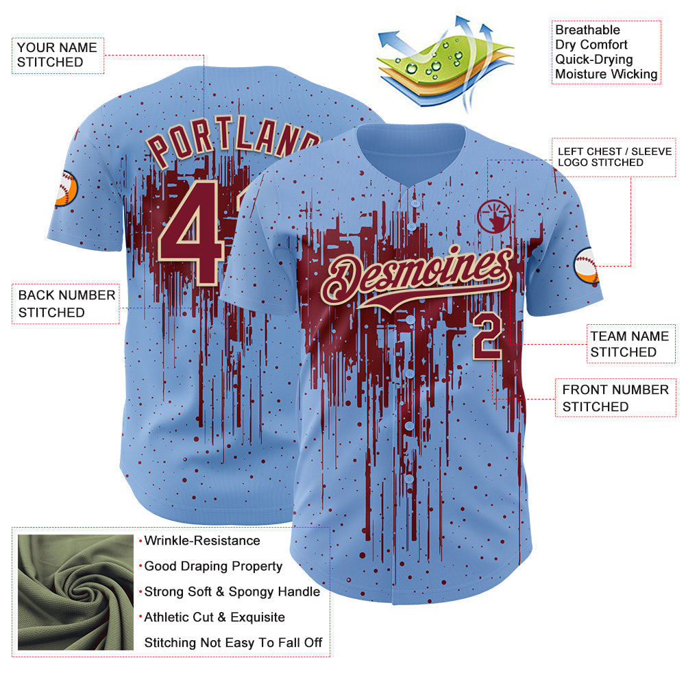 Custom Light Blue Crimson-Cream Dripping Splatter Paint Authentic Baseball Jersey baseball jersey product view 3