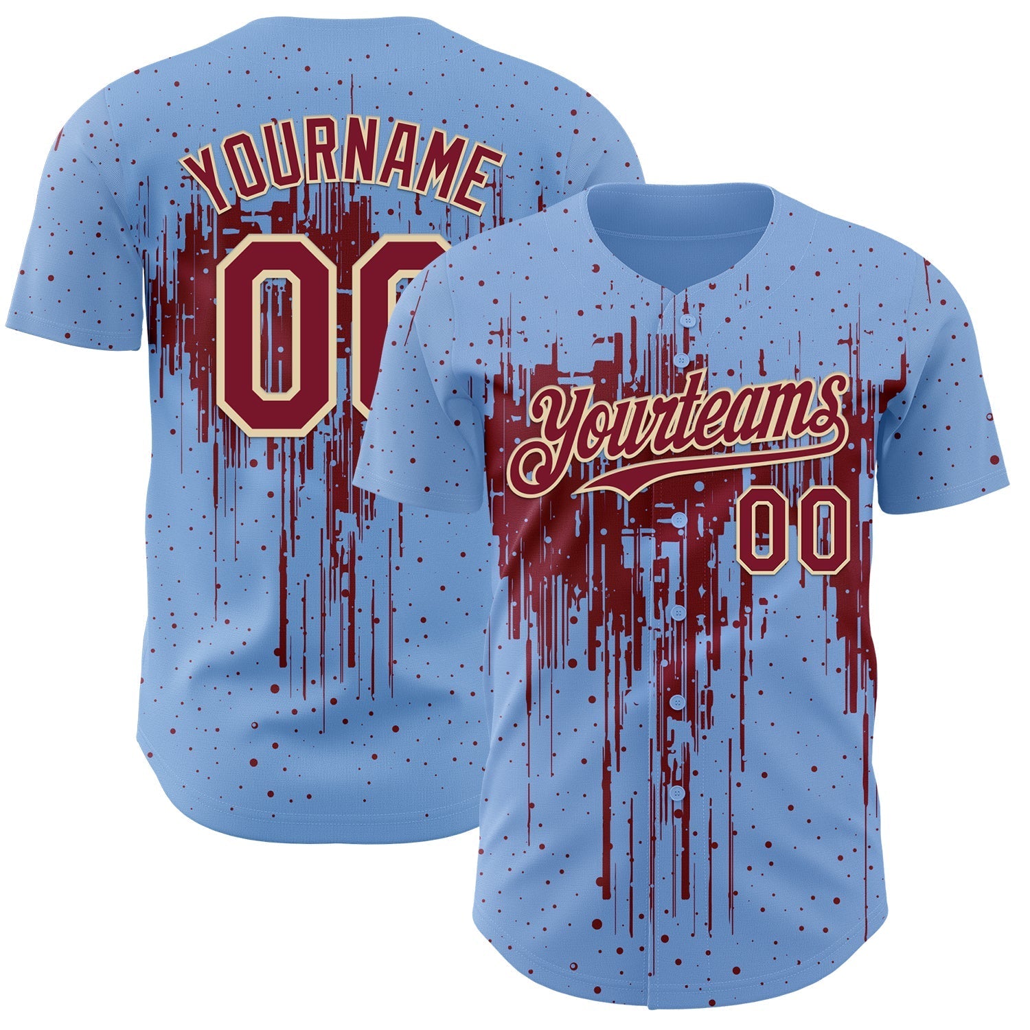Custom Light Blue Crimson-Cream Dripping Splatter Paint Authentic Baseball Jersey baseball jersey product view 1