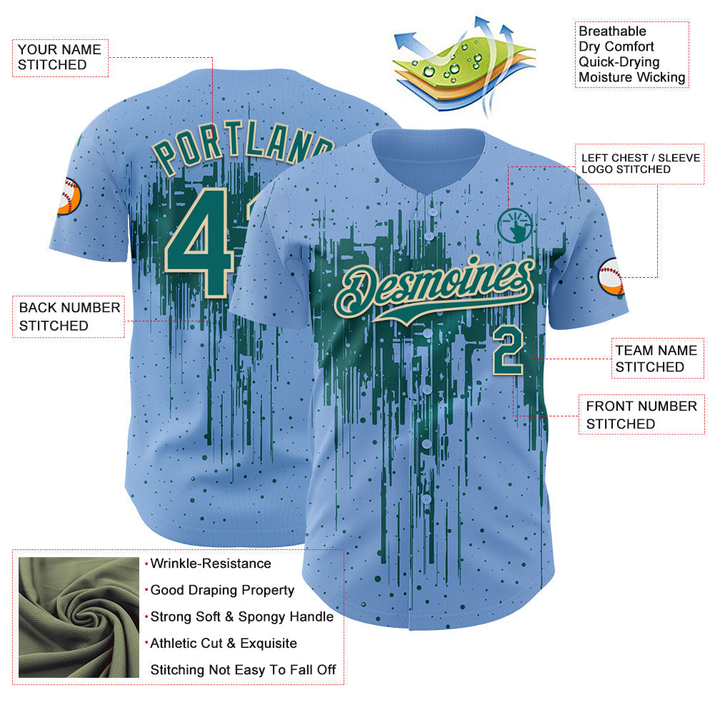 Custom Light Blue Teal-Cream Dripping Splatter Paint Authentic Baseball Jersey baseball jersey product view 3