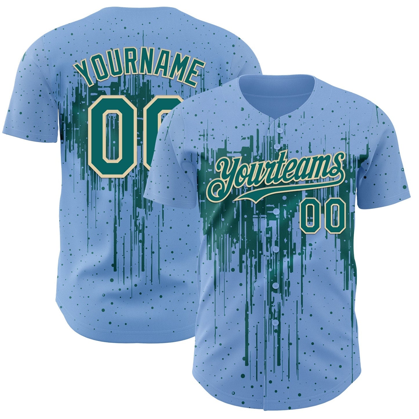 Custom Light Blue Teal-Cream Dripping Splatter Paint Authentic Baseball Jersey baseball jersey product view 1