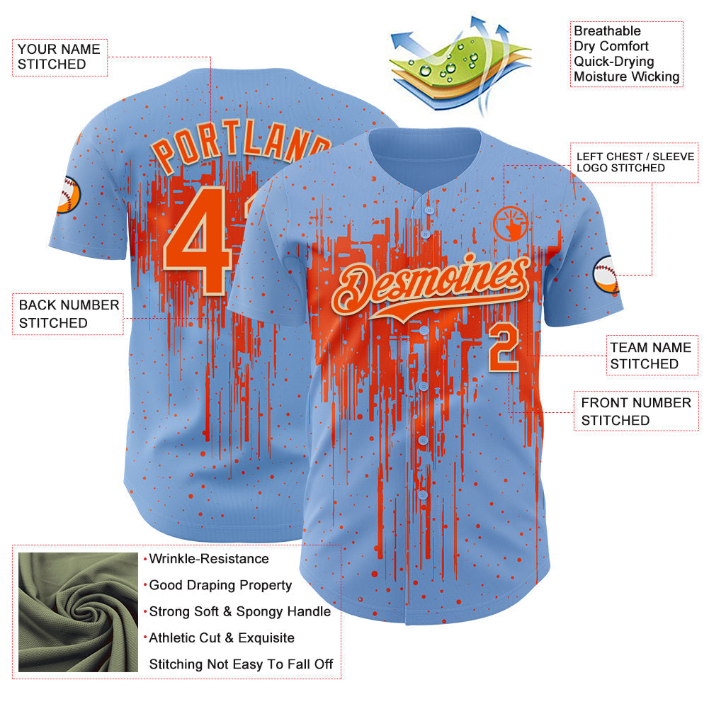 Custom Light Blue Orange-Cream Dripping Splatter Paint Authentic Baseball Jersey baseball jersey product view 3