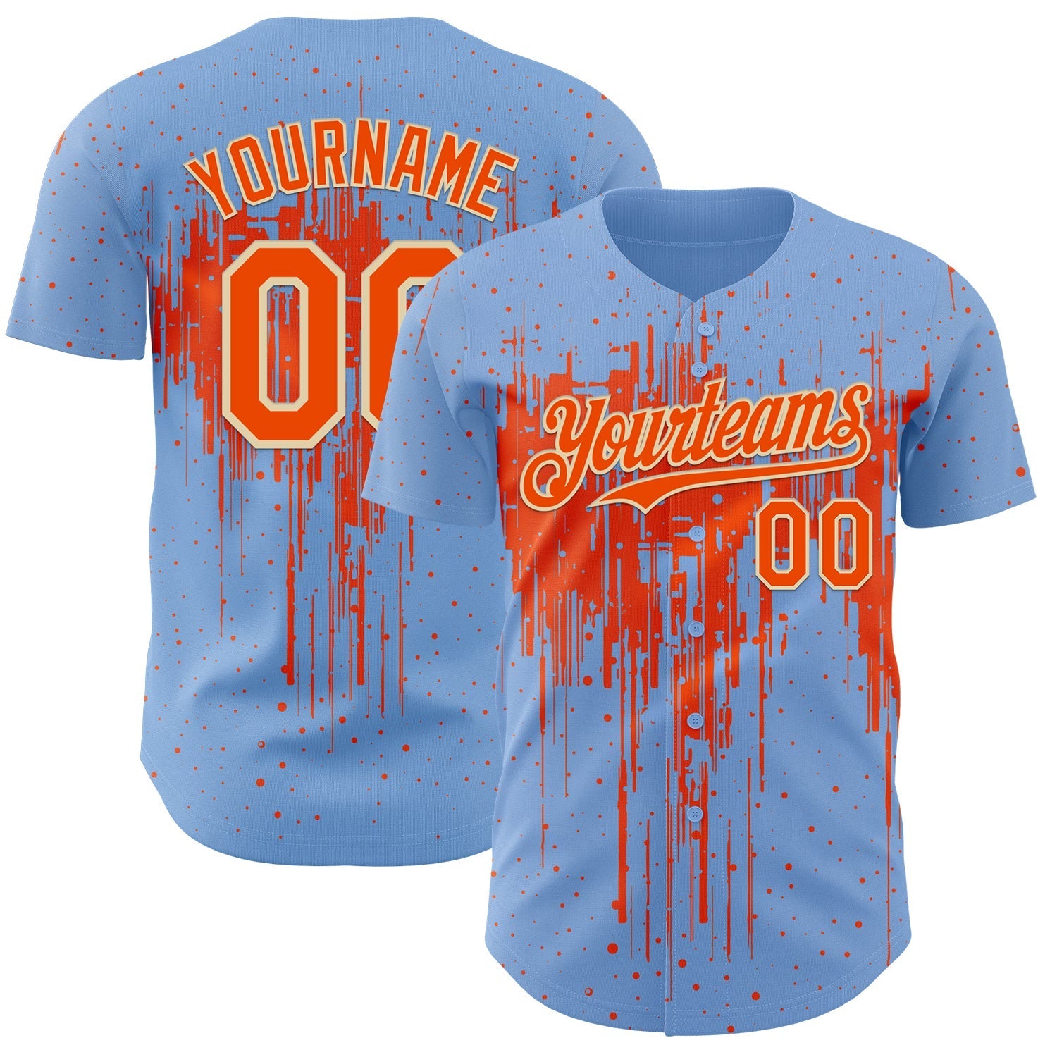 Custom Light Blue Orange-Cream Dripping Splatter Paint Authentic Baseball Jersey baseball jersey product view 1