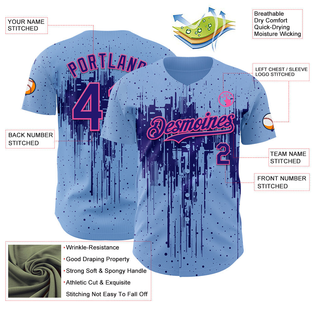 Custom Light Blue Dark Purple-Pink Dripping Splatter Paint Authentic Baseball Jersey baseball jersey product view 3