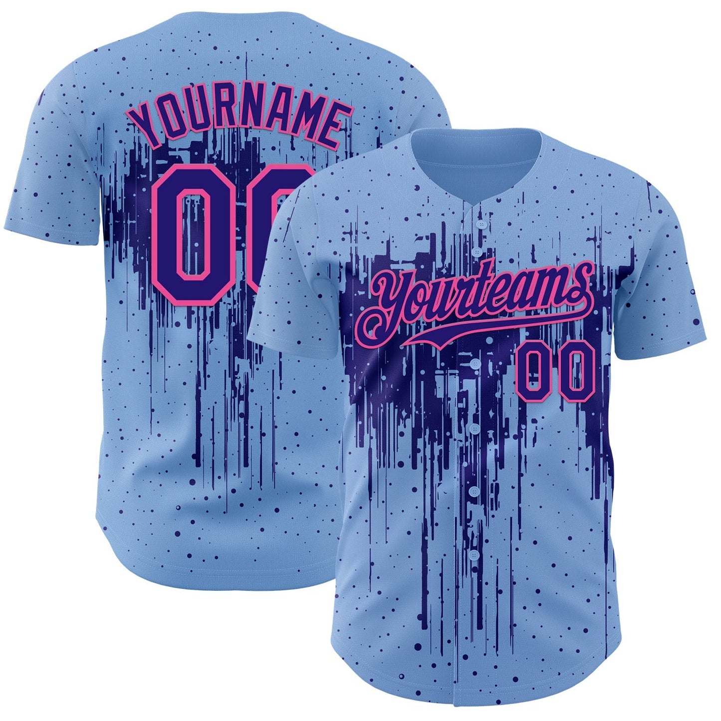 Custom Light Blue Dark Purple-Pink Dripping Splatter Paint Authentic Baseball Jersey baseball jersey product view 1