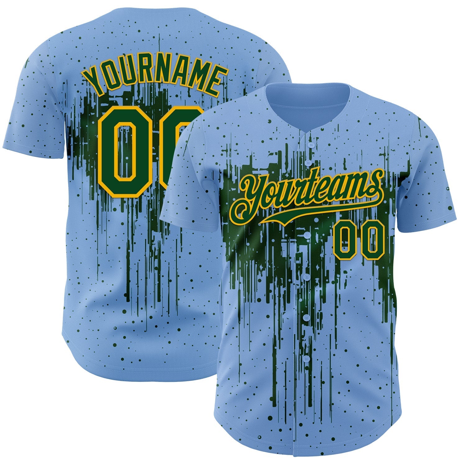 Custom Light Blue Green-Gold Dripping Splatter Paint Authentic Baseball Jersey baseball jersey product view 1