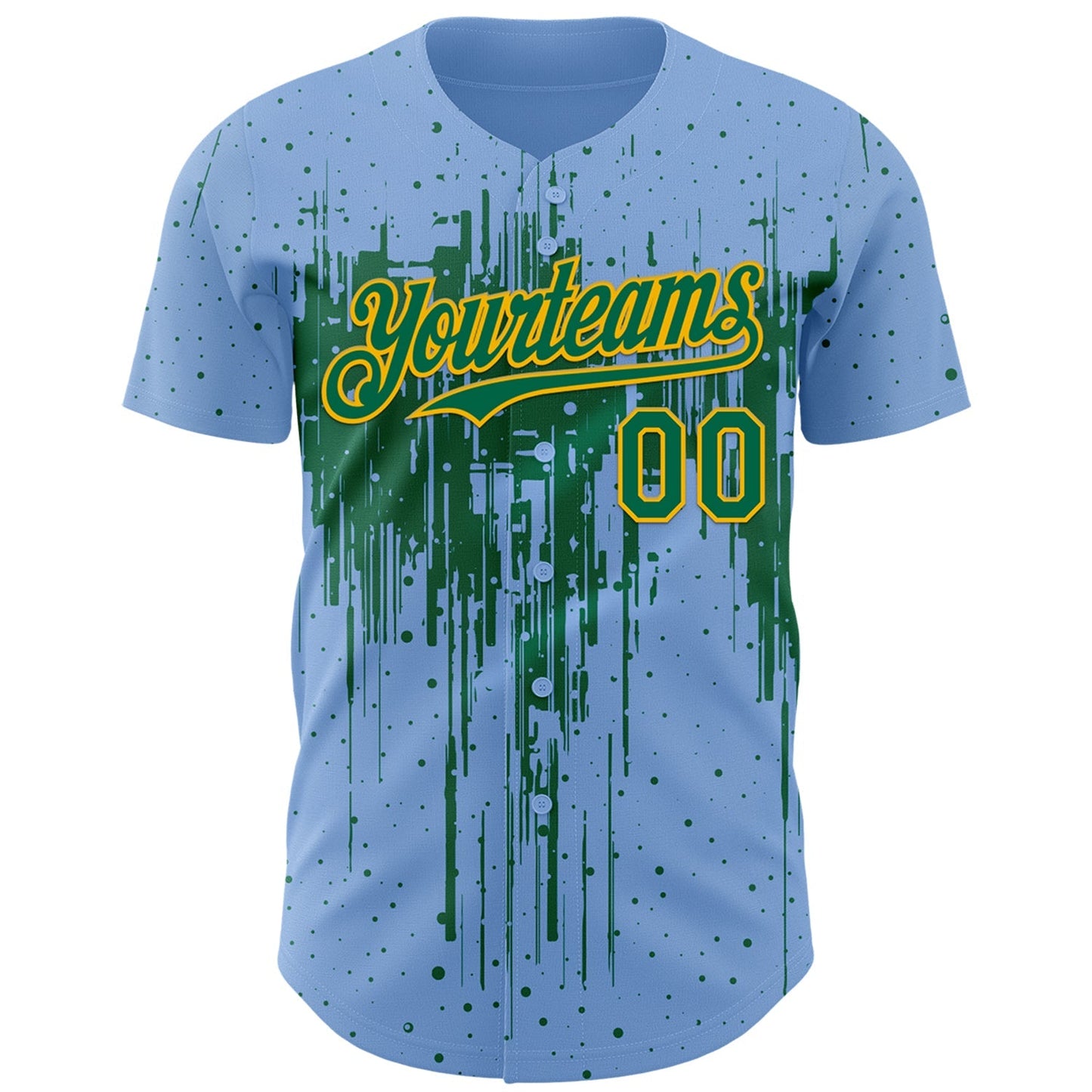 Custom Light Blue Kelly Green-Gold Dripping Splatter Paint Authentic Baseball Jersey baseball jersey product view 2