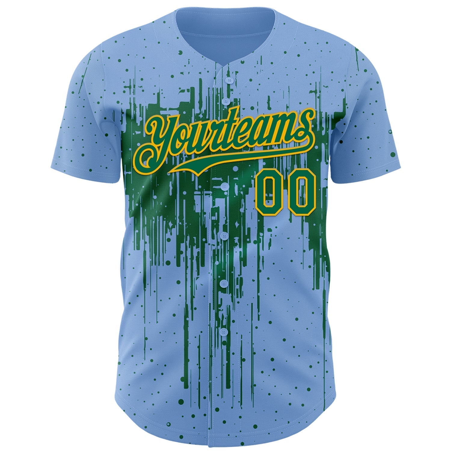 Custom Light Blue Kelly Green-Gold Dripping Splatter Paint Authentic Baseball Jersey baseball jersey product view 2