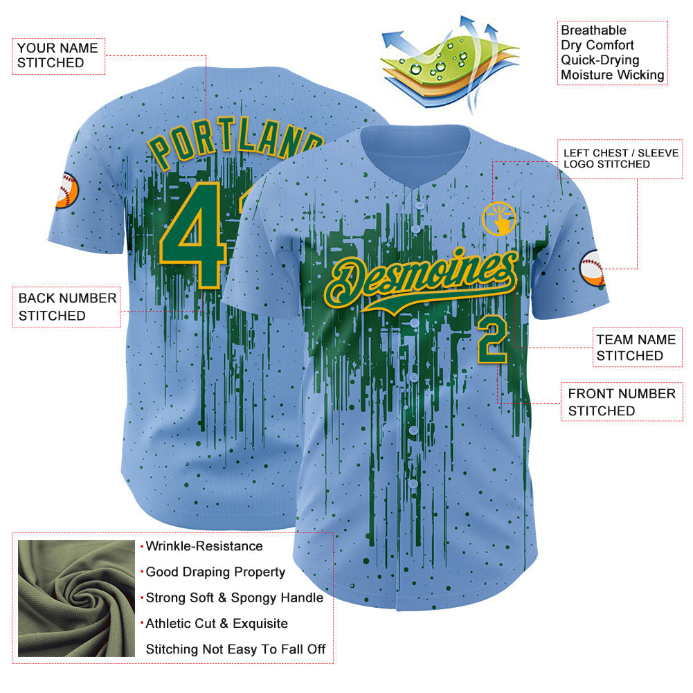 Custom Light Blue Kelly Green-Gold Dripping Splatter Paint Authentic Baseball Jersey baseball jersey product view 3