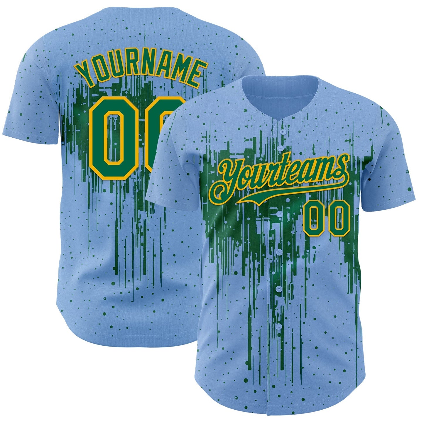 Custom Light Blue Kelly Green-Gold Dripping Splatter Paint Authentic Baseball Jersey baseball jersey product view 1