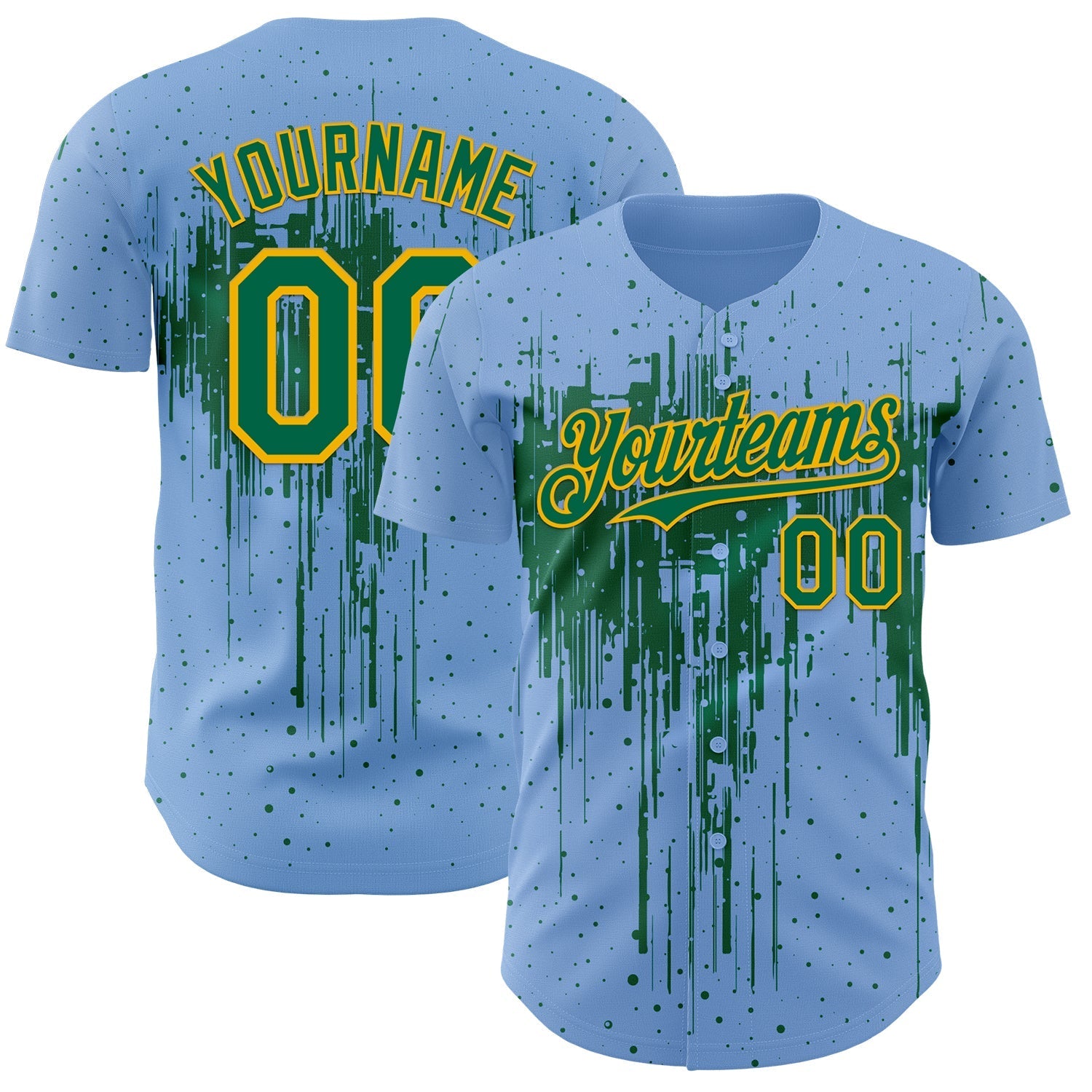 Custom Light Blue Kelly Green-Gold Dripping Splatter Paint Authentic Baseball Jersey baseball jersey product view 1