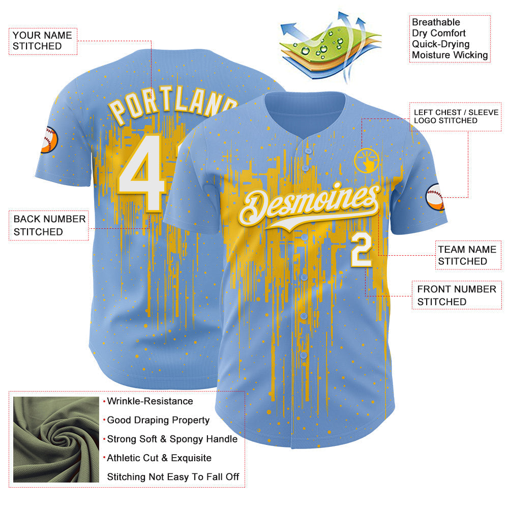 Custom Light Blue White-Yellow Dripping Splatter Paint Authentic Baseball Jersey baseball jersey product view 3