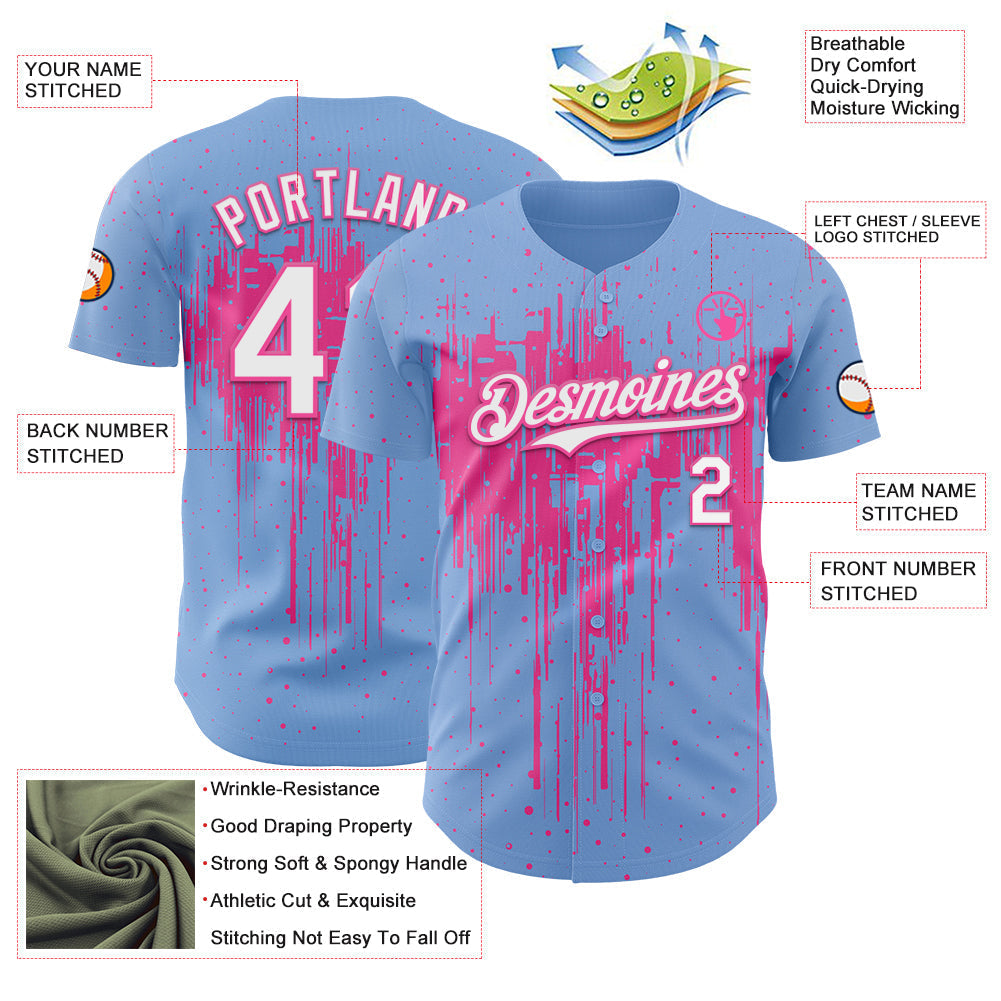 Custom Light Blue White-Pink Dripping Splatter Paint Authentic Baseball Jersey baseball jersey product view 3
