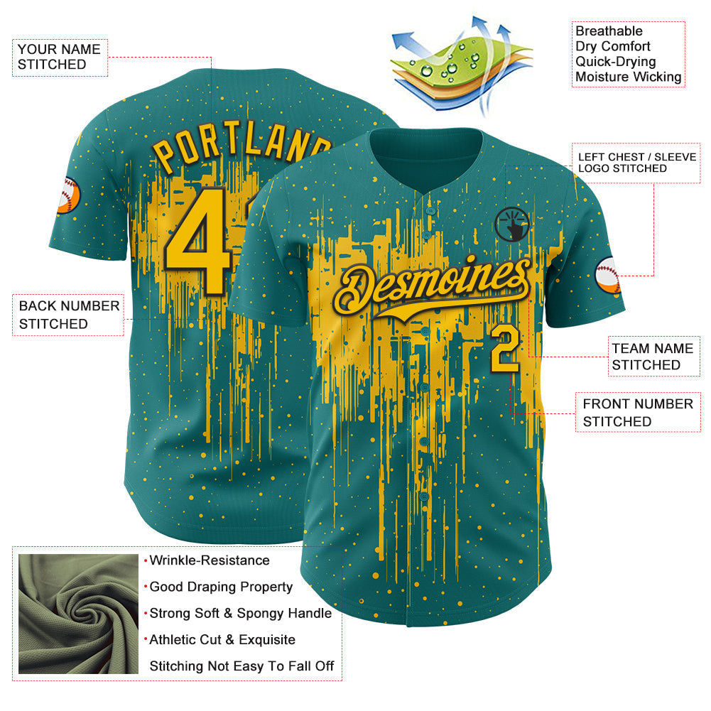 Custom Teal Yellow-Black Dripping Splatter Paint Authentic Baseball Jersey baseball jersey product view 3