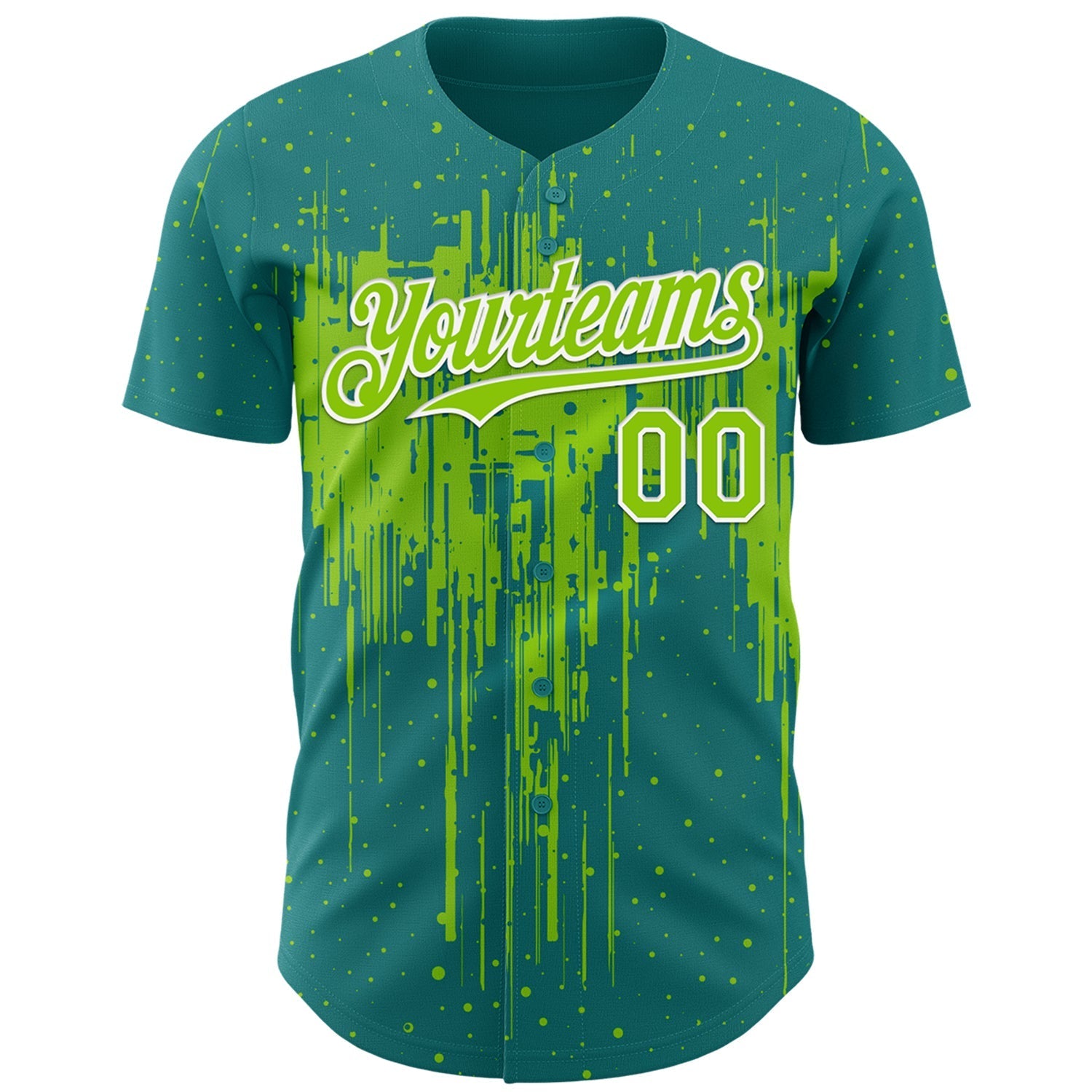 Custom Teal Neon Green-White Dripping Splatter Paint Authentic Baseball Jersey baseball jersey product view 2