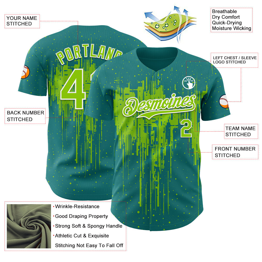 Custom Teal Neon Green-White Dripping Splatter Paint Authentic Baseball Jersey baseball jersey product view 3