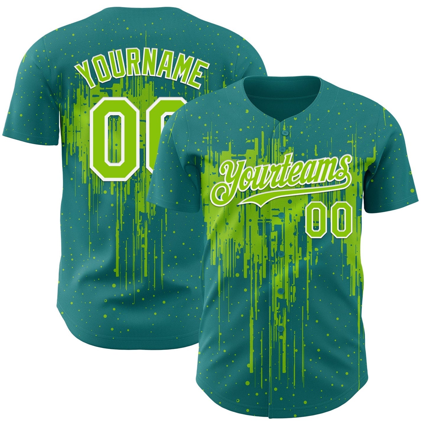 Custom Teal Neon Green-White Dripping Splatter Paint Authentic Baseball Jersey baseball jersey product view 1