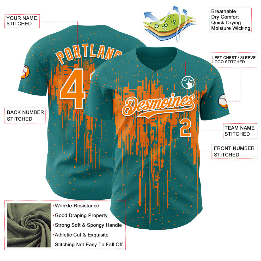 Custom Teal Bay Orange-White Dripping Splatter Paint Authentic Baseball Jersey baseball jersey product view 3