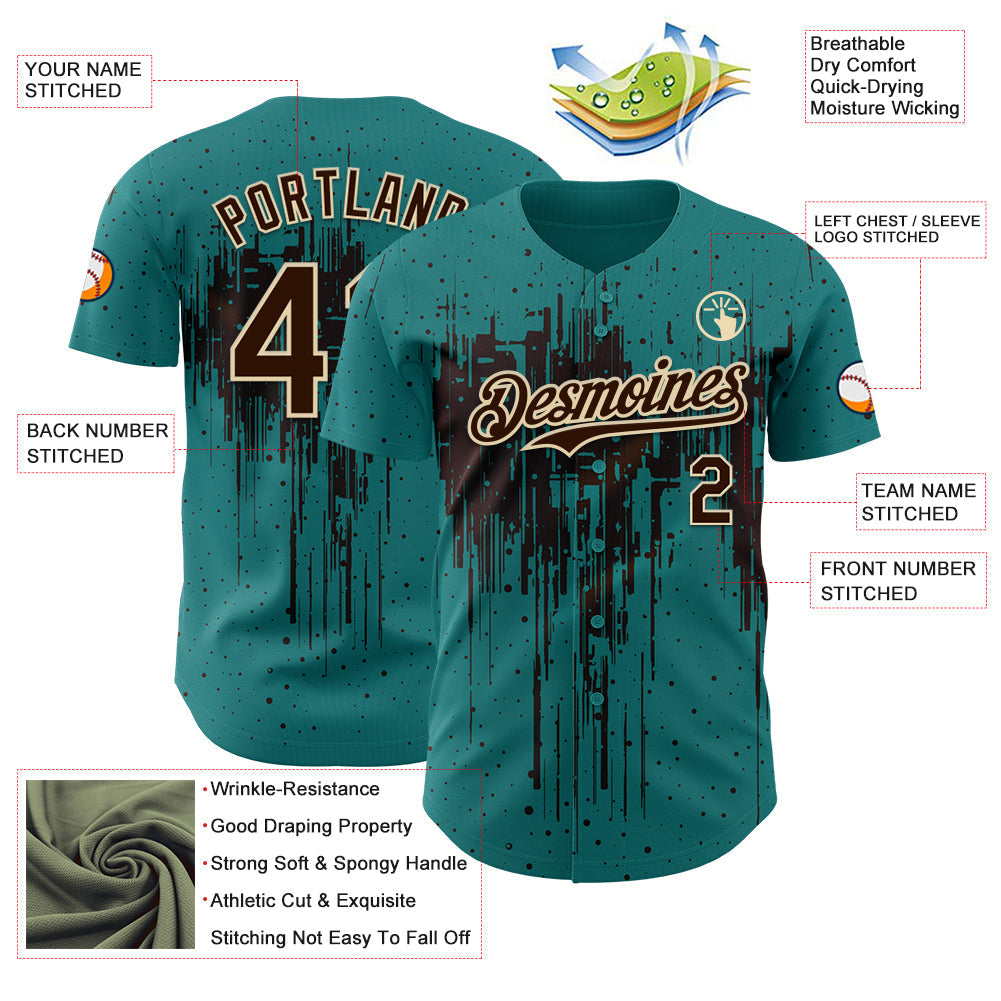 Custom Teal Brown-Cream Dripping Splatter Paint Authentic Baseball Jersey baseball jersey product view 3
