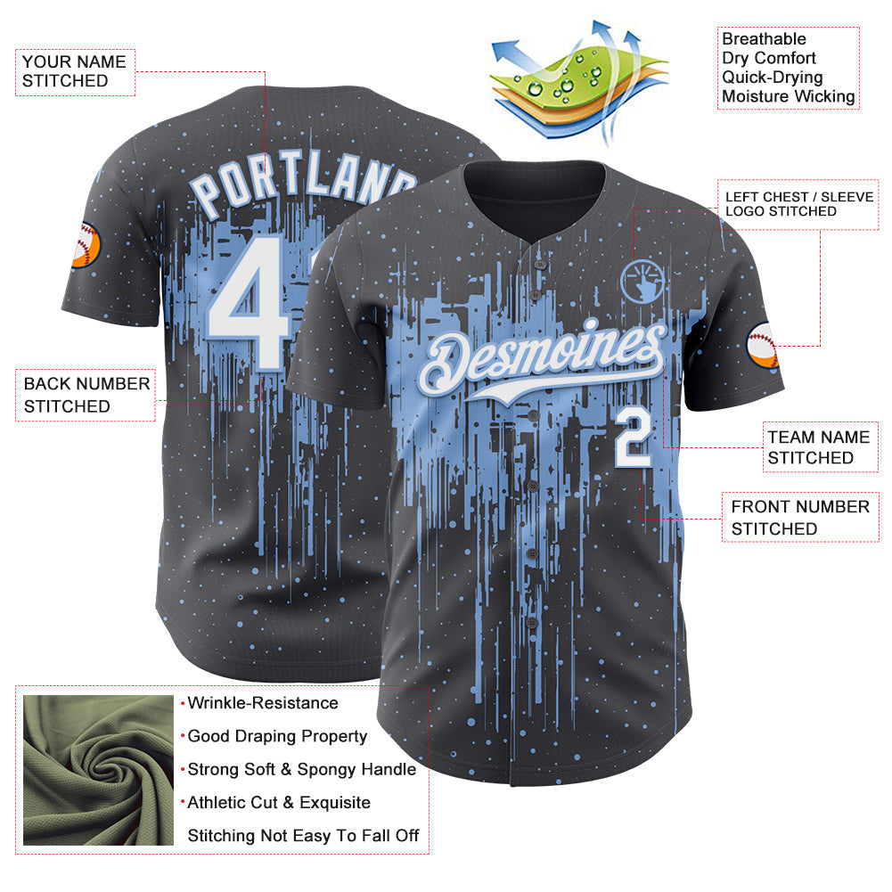 Custom Steel Gray White-Light Blue Dripping Splatter Paint Authentic Baseball Jersey baseball jersey product view 3