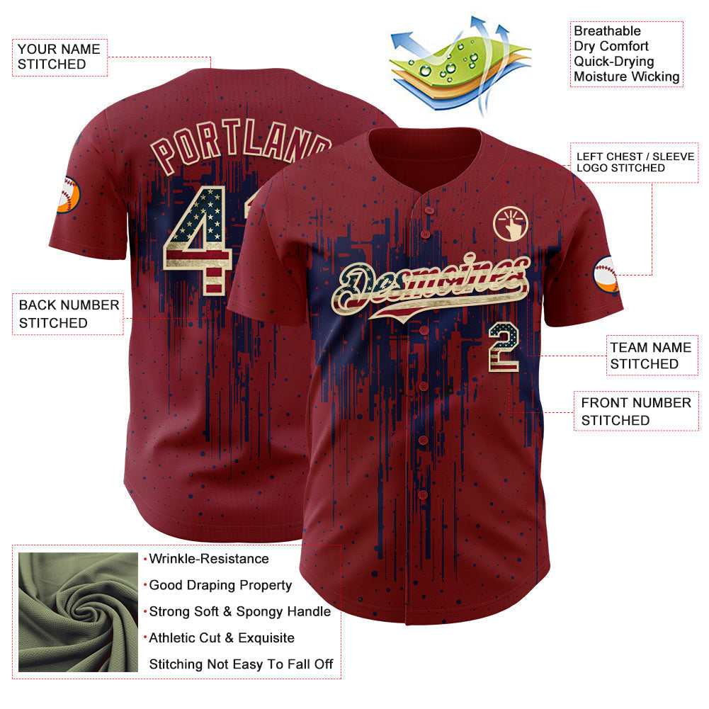 Custom Crimson Vintage USA Flag Cream-Navy Dripping Splatter Paint Authentic Baseball Jersey baseball jersey product view 3