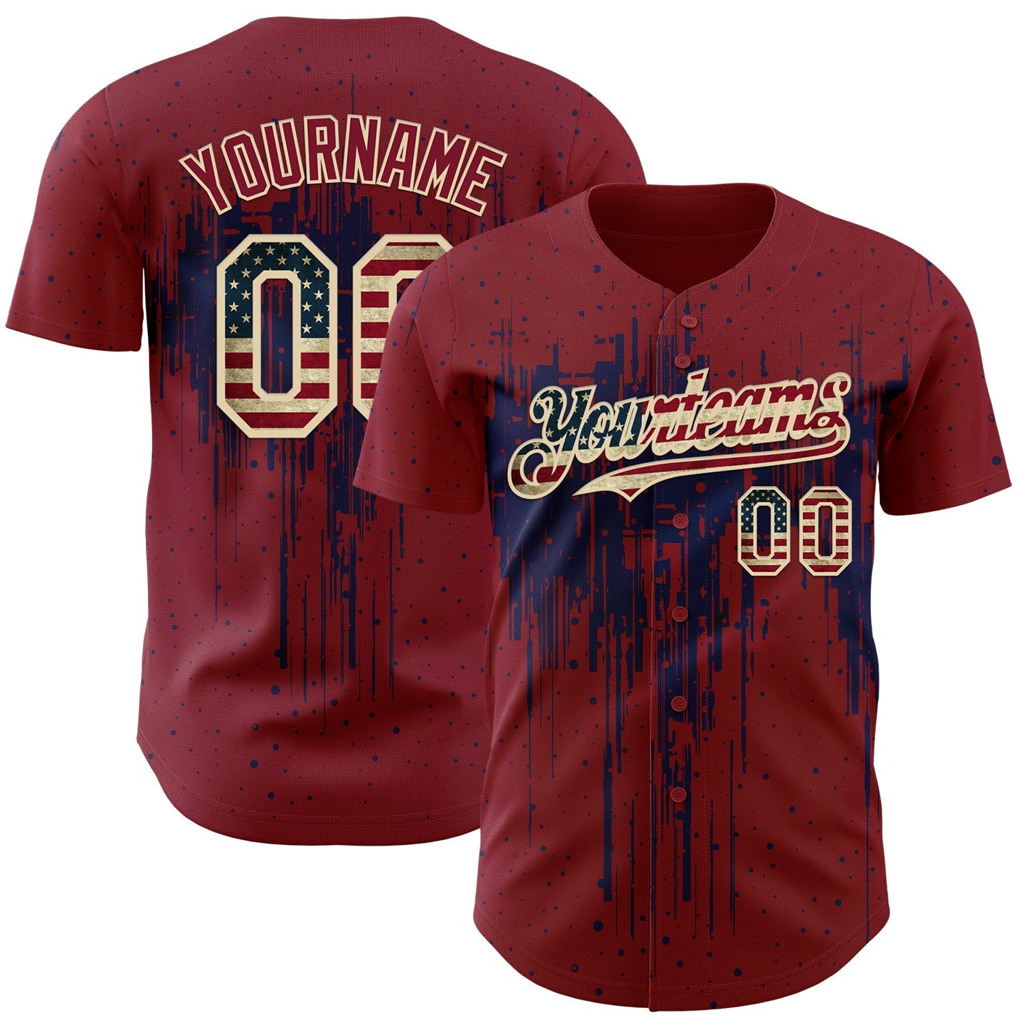 Custom Crimson Vintage USA Flag Cream-Navy Dripping Splatter Paint Authentic Baseball Jersey baseball jersey product view 1