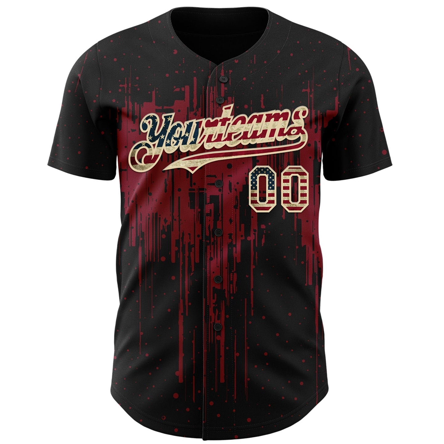 Custom Black Vintage USA Flag Cream-Crimson Dripping Splatter Paint Authentic Baseball Jersey baseball jersey product view 2
