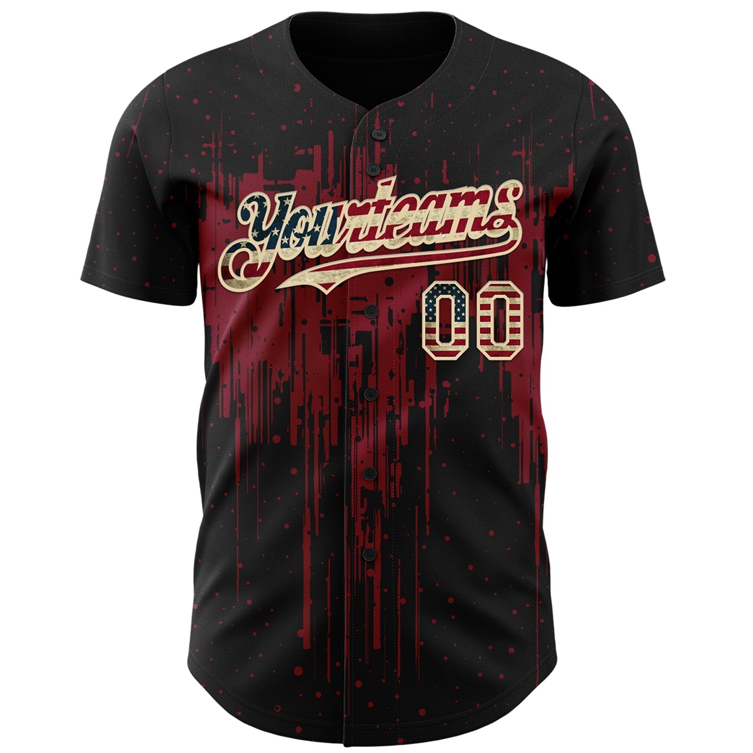 Custom Black Vintage USA Flag Cream-Crimson Dripping Splatter Paint Authentic Baseball Jersey baseball jersey product view 2