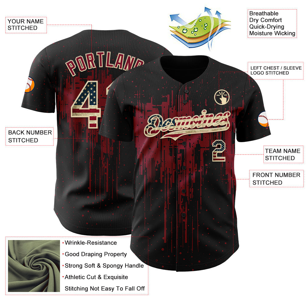 Custom Black Vintage USA Flag Cream-Crimson Dripping Splatter Paint Authentic Baseball Jersey baseball jersey product view 3