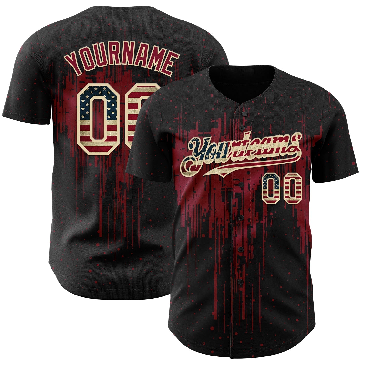 Custom Black Vintage USA Flag Cream-Crimson Dripping Splatter Paint Authentic Baseball Jersey baseball jersey product view 1