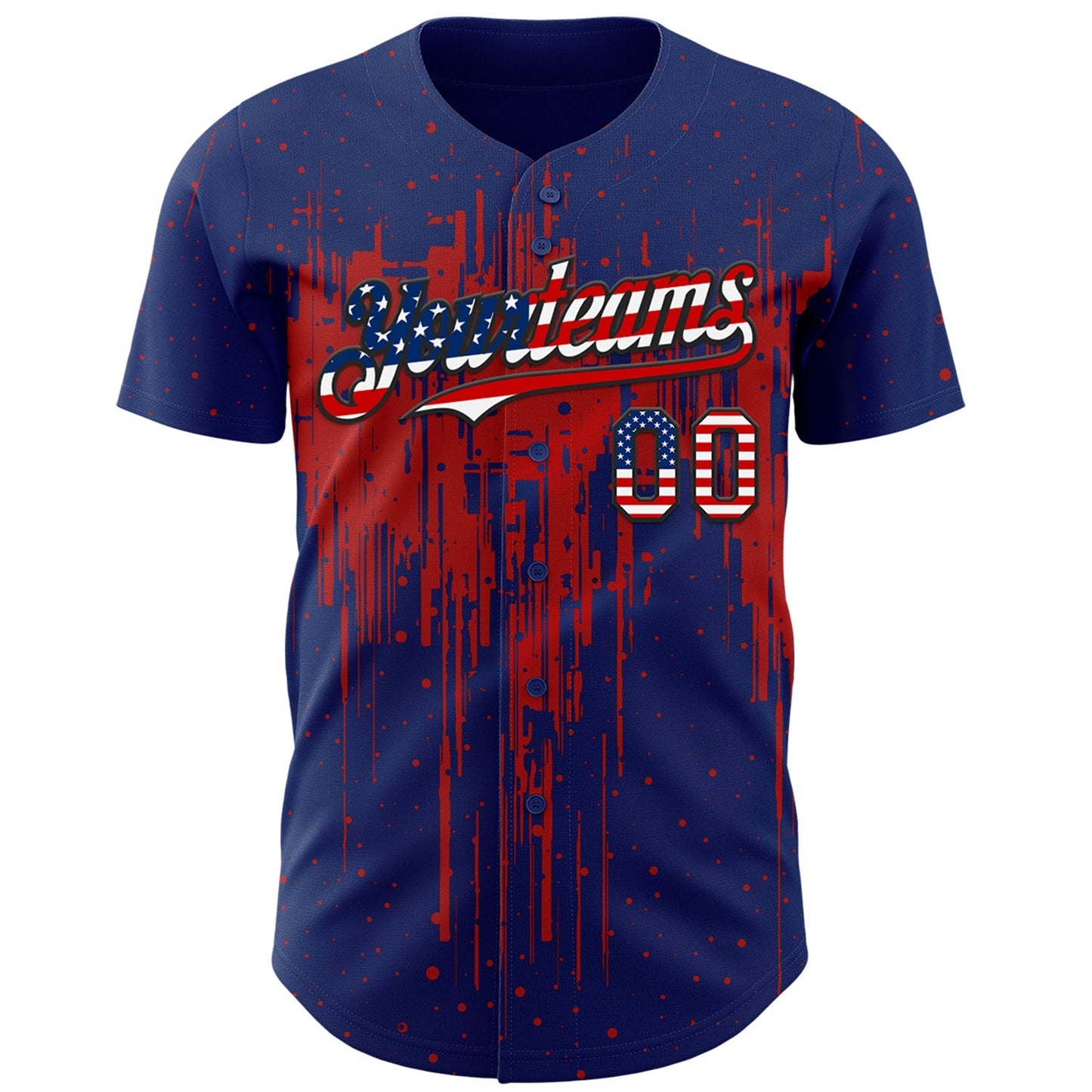 Custom Royal Vintage USA Flag Black-Red Dripping Splatter Paint Authentic Baseball Jersey baseball jersey product view 2
