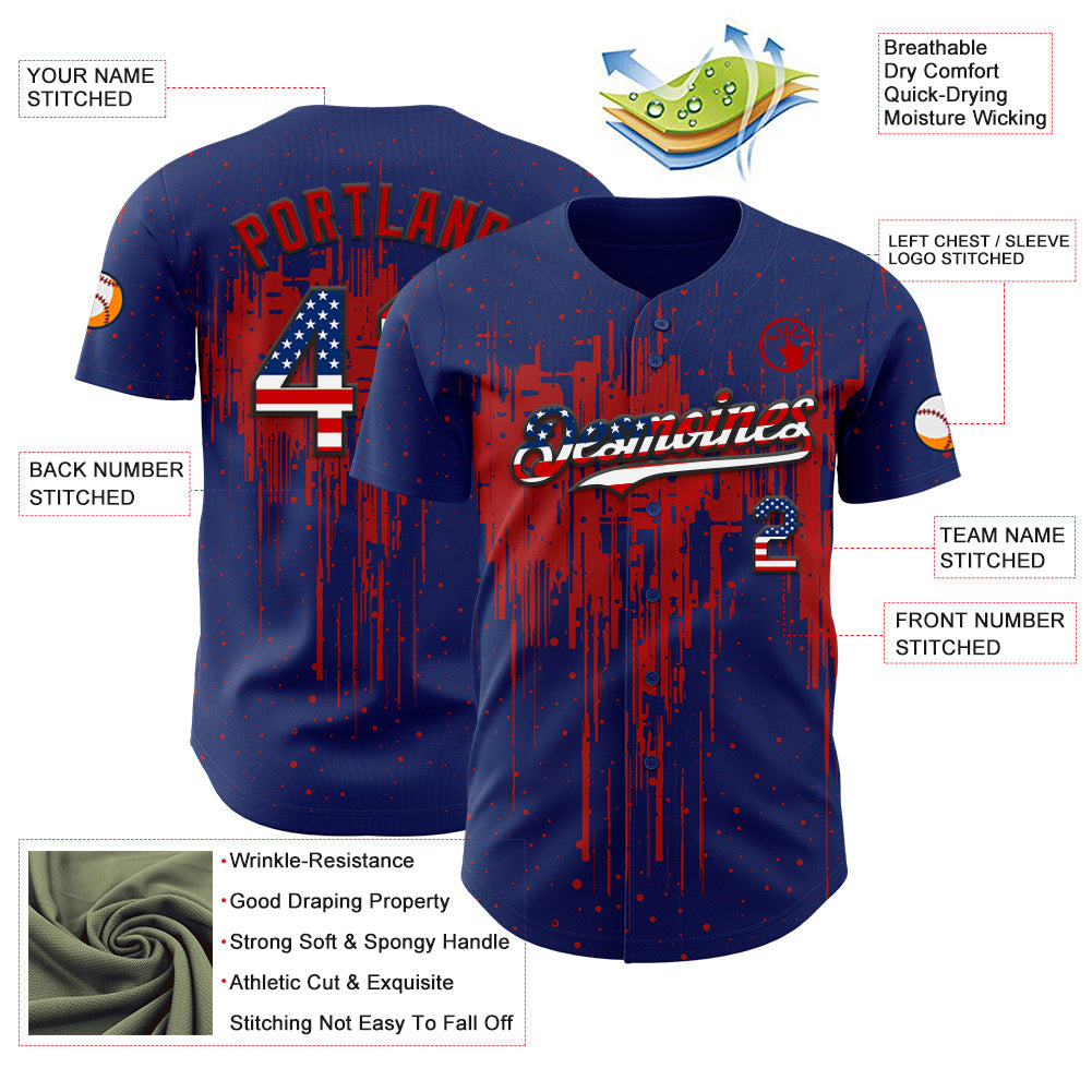 Custom Royal Vintage USA Flag Black-Red Dripping Splatter Paint Authentic Baseball Jersey baseball jersey product view 3